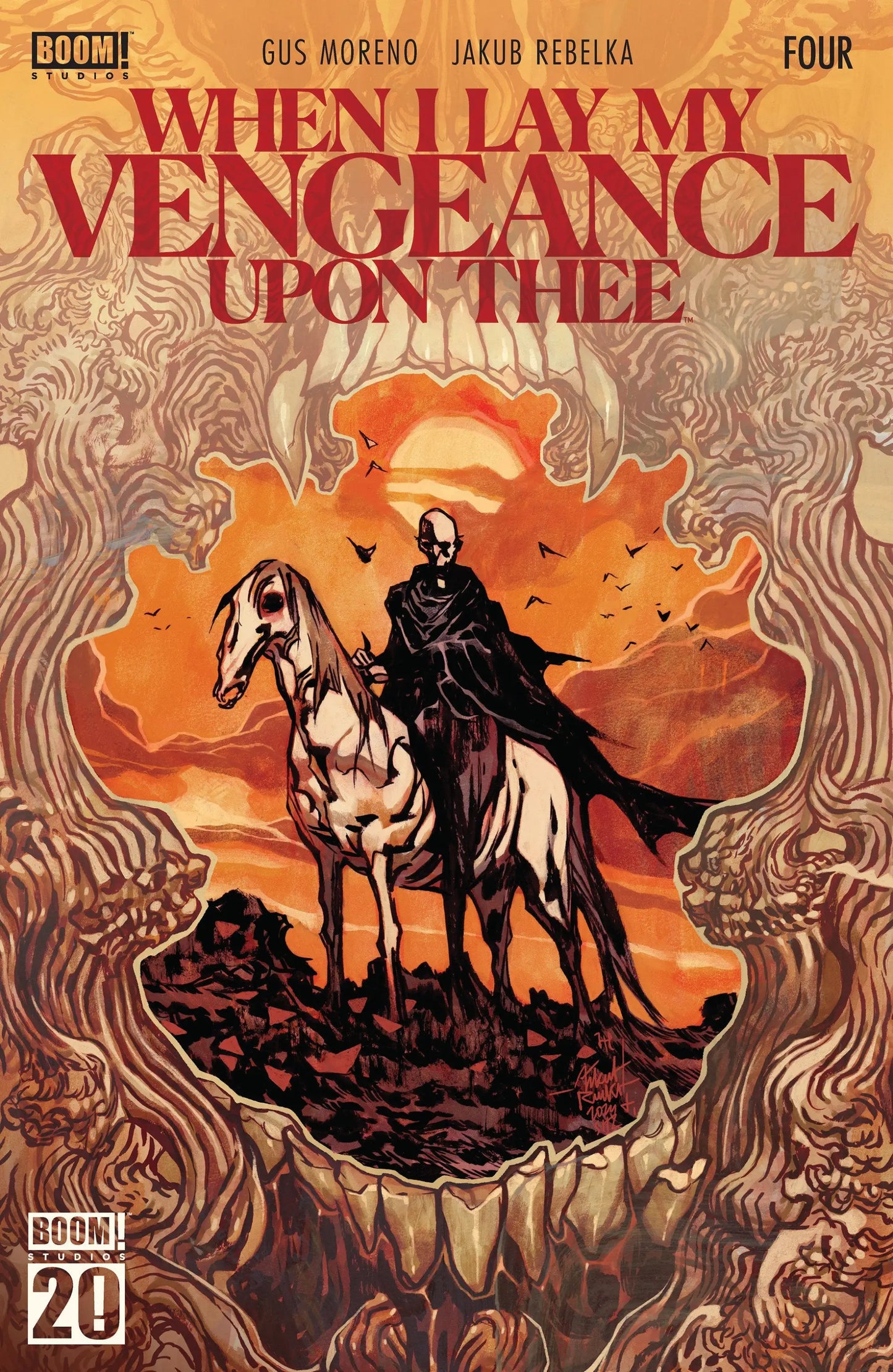 Comic book cover of When I Lay My Vengeance Upon Thee #4 featuring main dressed Rebelka and demonic threat