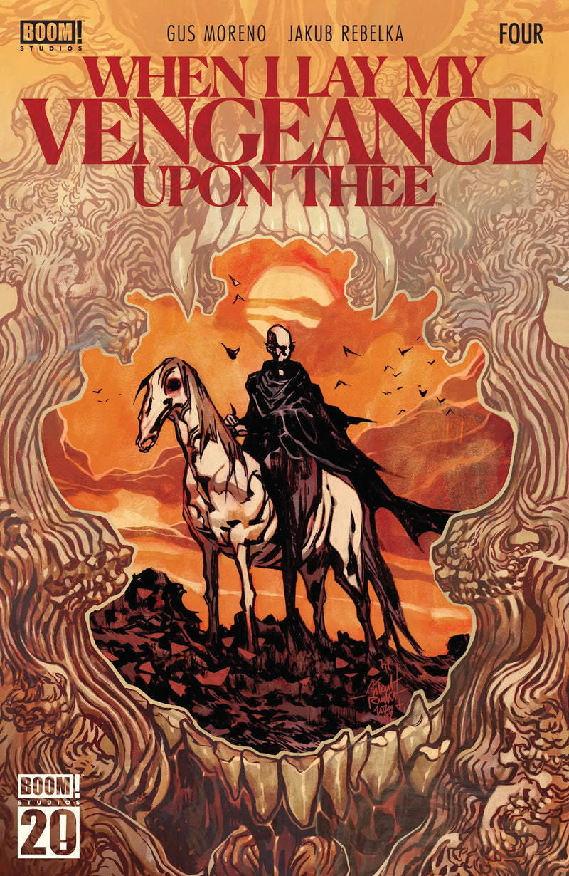 Comic book cover of When I Lay My Vengeance Upon Thee #4 featuring main dressed Rebelka and demonic threat