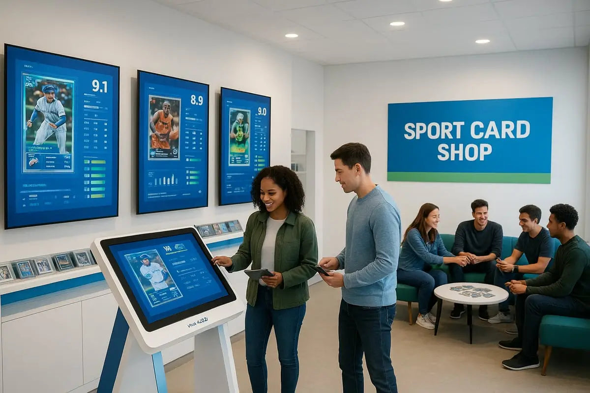White sports card kiosk with blue touchscreen in card shop