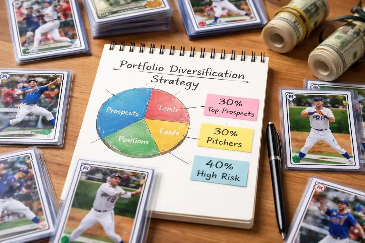 White notebook pie chart for portfolio diversification in Bowman baseball cards guide