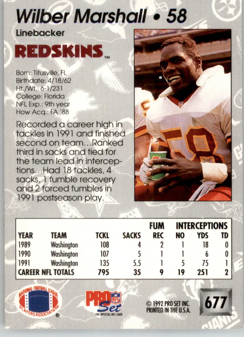 Wilber Marshall - 1992 Pro Set - #677 - Football - Football Card Single