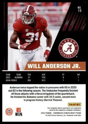 Will Anderson Jr. 2023 Panini Chronicles Draft Picks Zenith #10 Alabama - Football Card Single