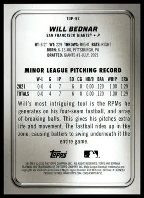 Will Bednar 2022 Bowman Platinum Top Prospects #TOP-92 San Francisco Giants - Baseball Card Single