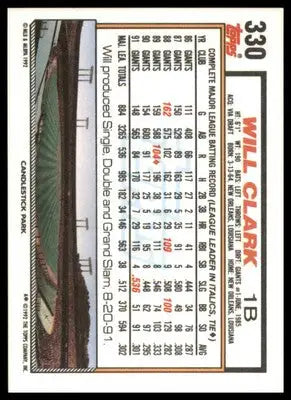 Will Clark 1992 Topps #330 San Francisco Giants - Baseball Card Single