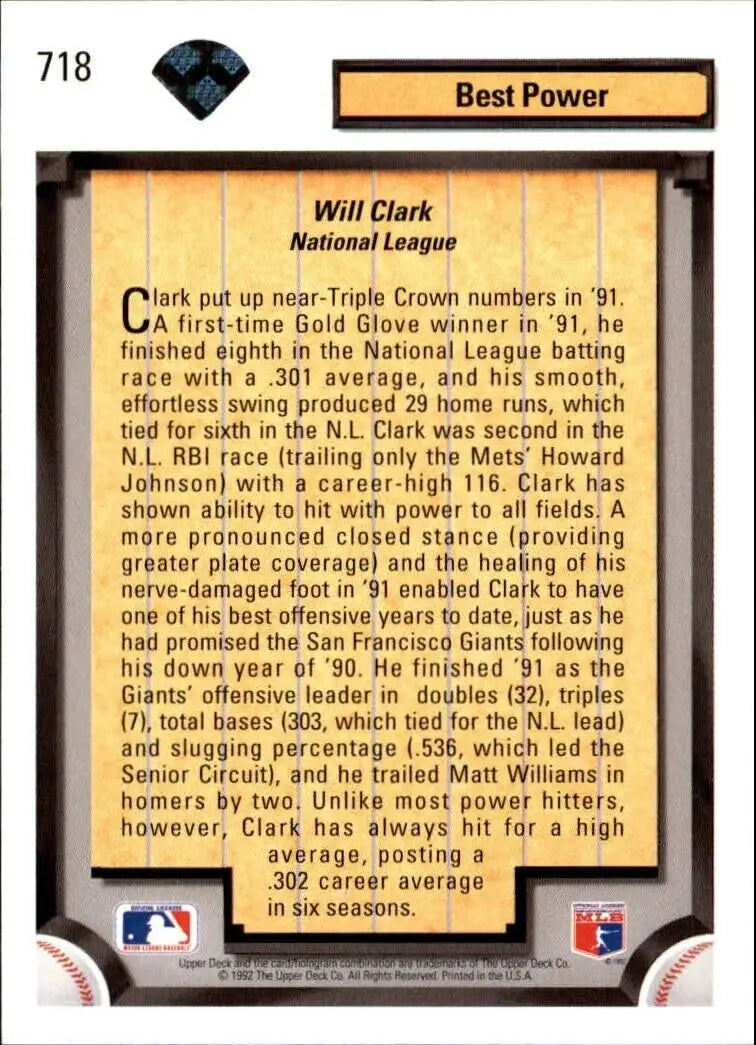 Will Clark 1992 Upper Deck MLB #718 Diamond Skills Baseball Card SF Giants - Baseball Card Single