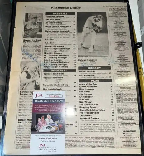 Framed Sporting News page with sports articles and JSA authentication, featuring Cory Snyder and Bobby Witt