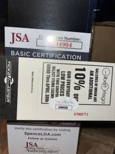 JSA authentication cards and coupon for Will Clark Spring Training baseball card ticket