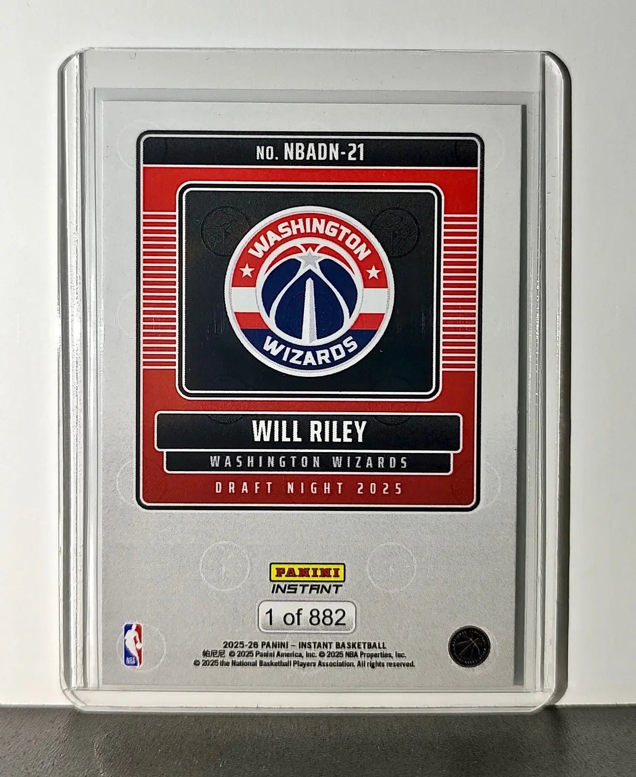 Will Riley Rookie 2025-26 Panini NBA #21 Draft Night Card Washington Wizards