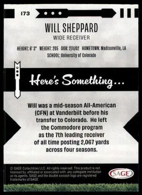 Will Sheppard 2025 SAGE HIT Purple #173 Colorado Buffaloes - Football Card Single