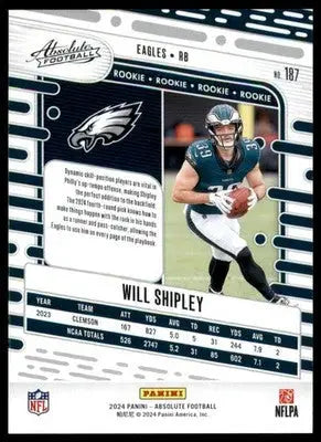 Will Shipley Rookie 2024 Panini Absolute Retail #187 Philadelphia Eagles - Football Card Single
