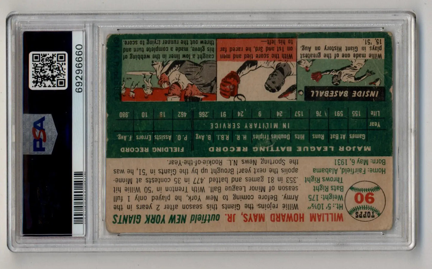 Graded vintage Willie Mays 1954 Topps #90 baseball card PSA 1 Poor display