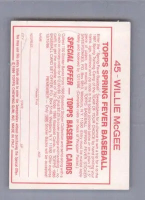 Willie McGee - 1986 Topps Stickers - #45 - Baseball - Baseball Card Single