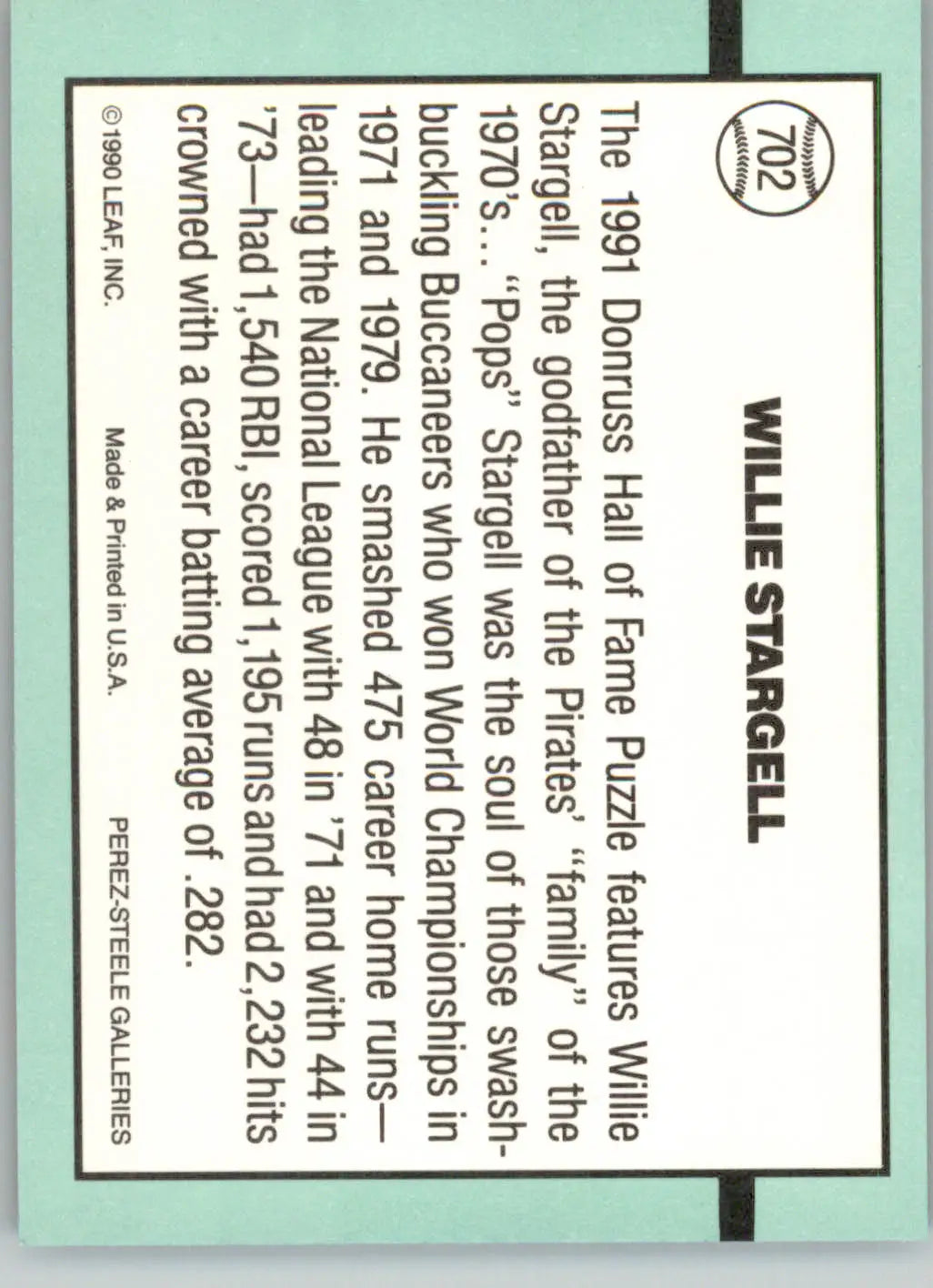 Willie Stargell Puzzle - 1991 Donruss - #702 - Baseball - Baseball Card Single