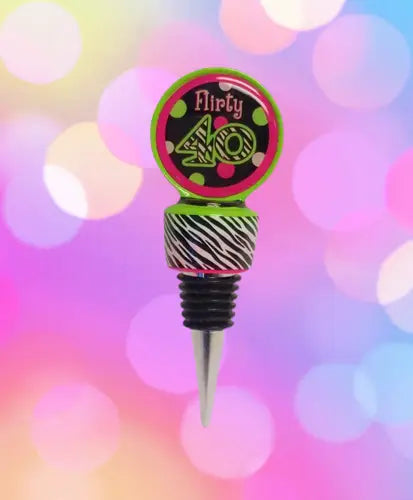 Vibrant green and pink Flirty 40 wine stopper with zebra print base for stylish wine sealing