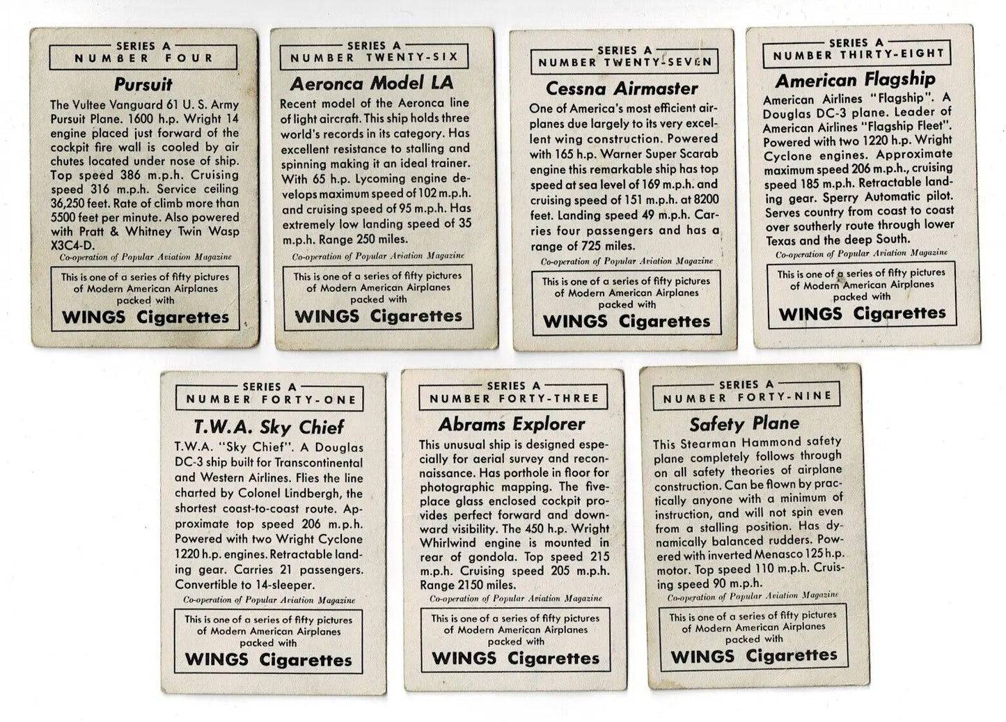 Vintage airplane trading cards from Wings Cigarettes Lot of 59 T87C Modern American Series