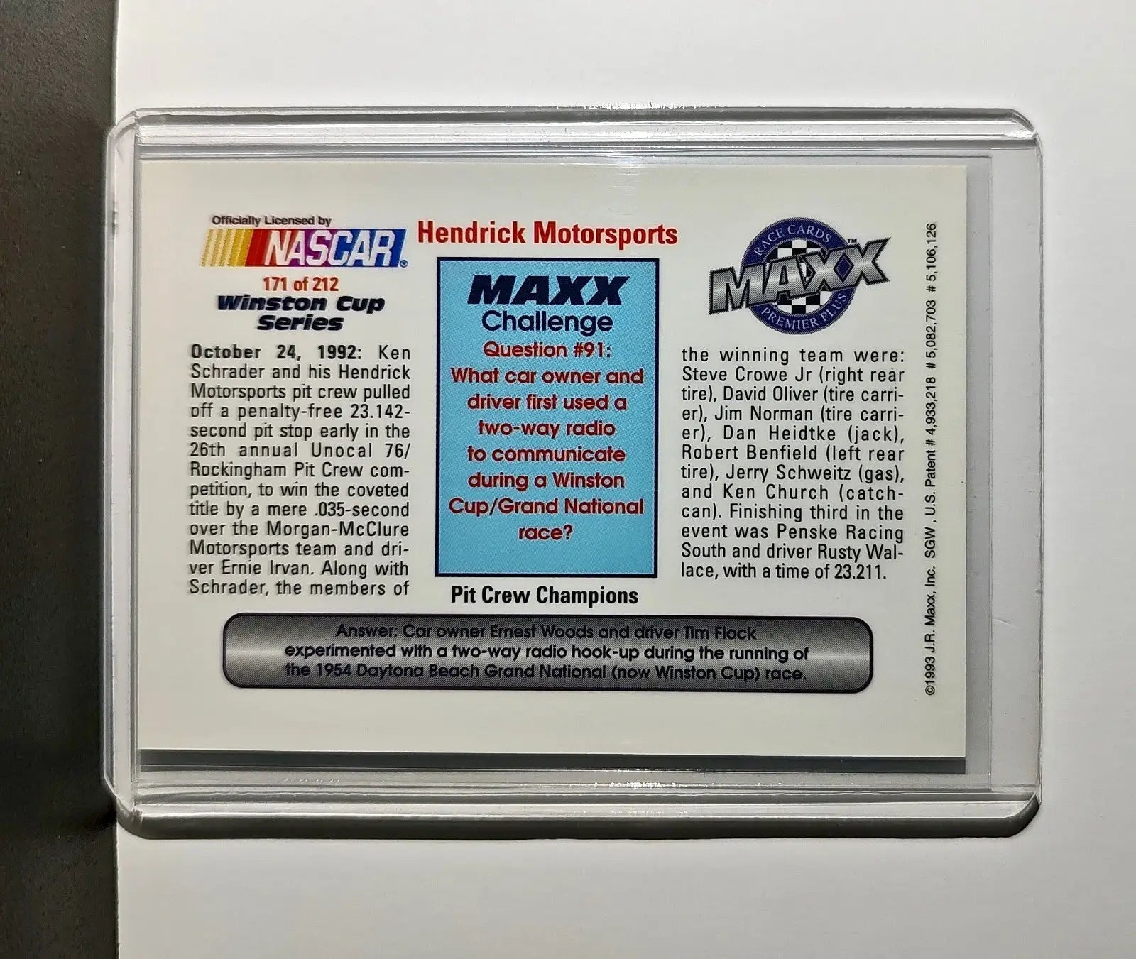 Winston Cup Pit Crew Champs 1993 Maxx Premier Plus Racing #171 NASCAR Card