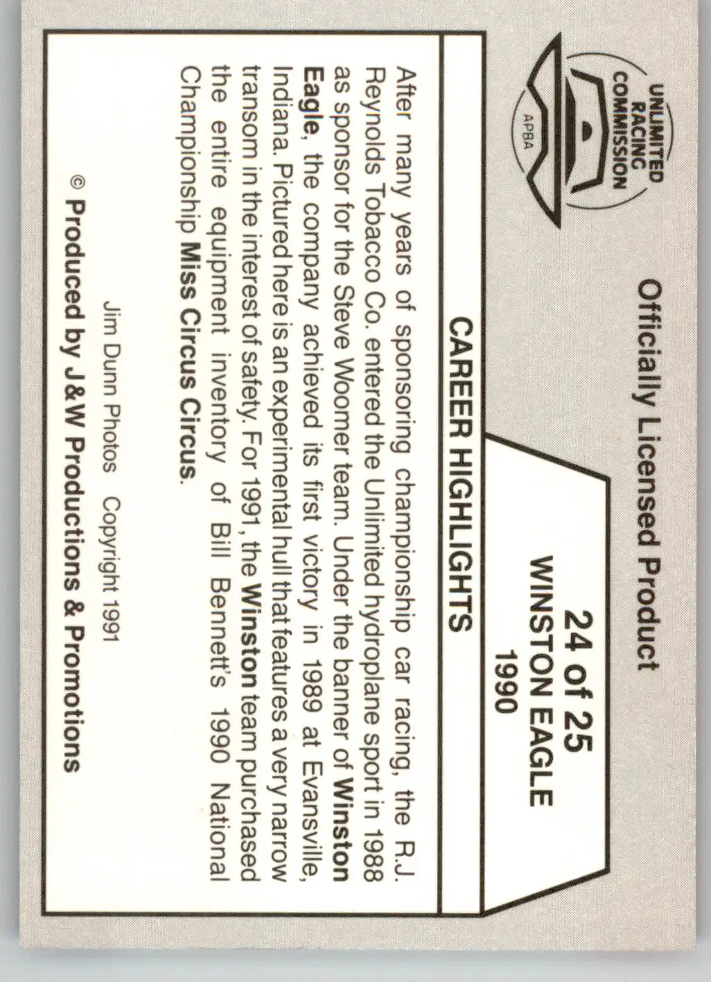 Winston Eagle 1990 - 1991 APBA Thunder on the Water - #24 - Racing - Racing Card Single