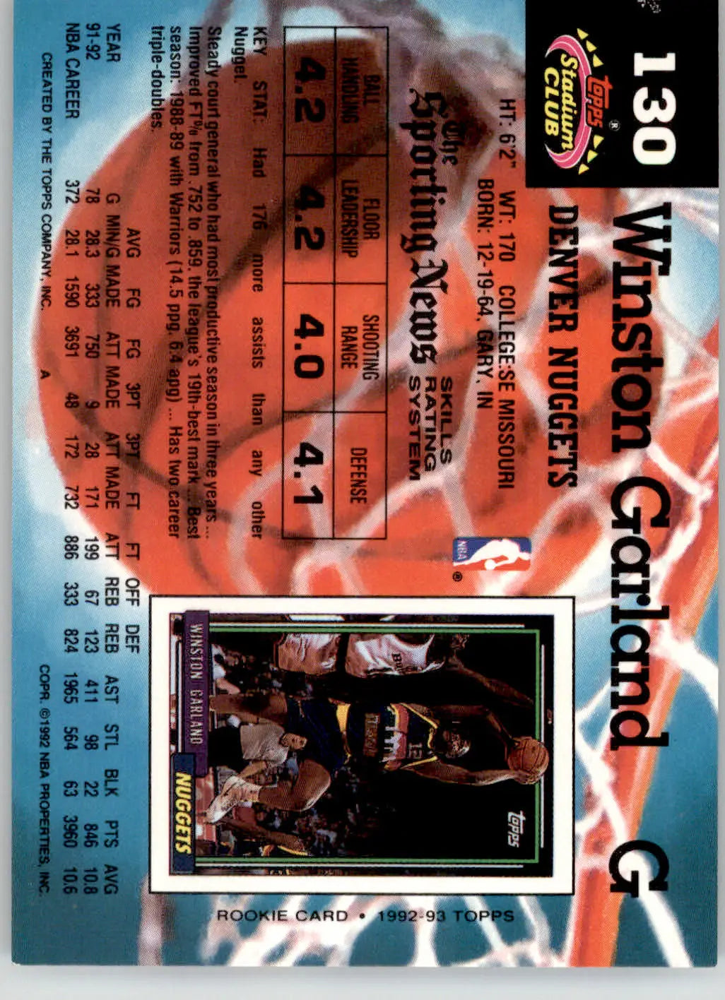 Winston Garland - 1992-93 Stadium Club - #130 - Basketball - Basketball Card Single