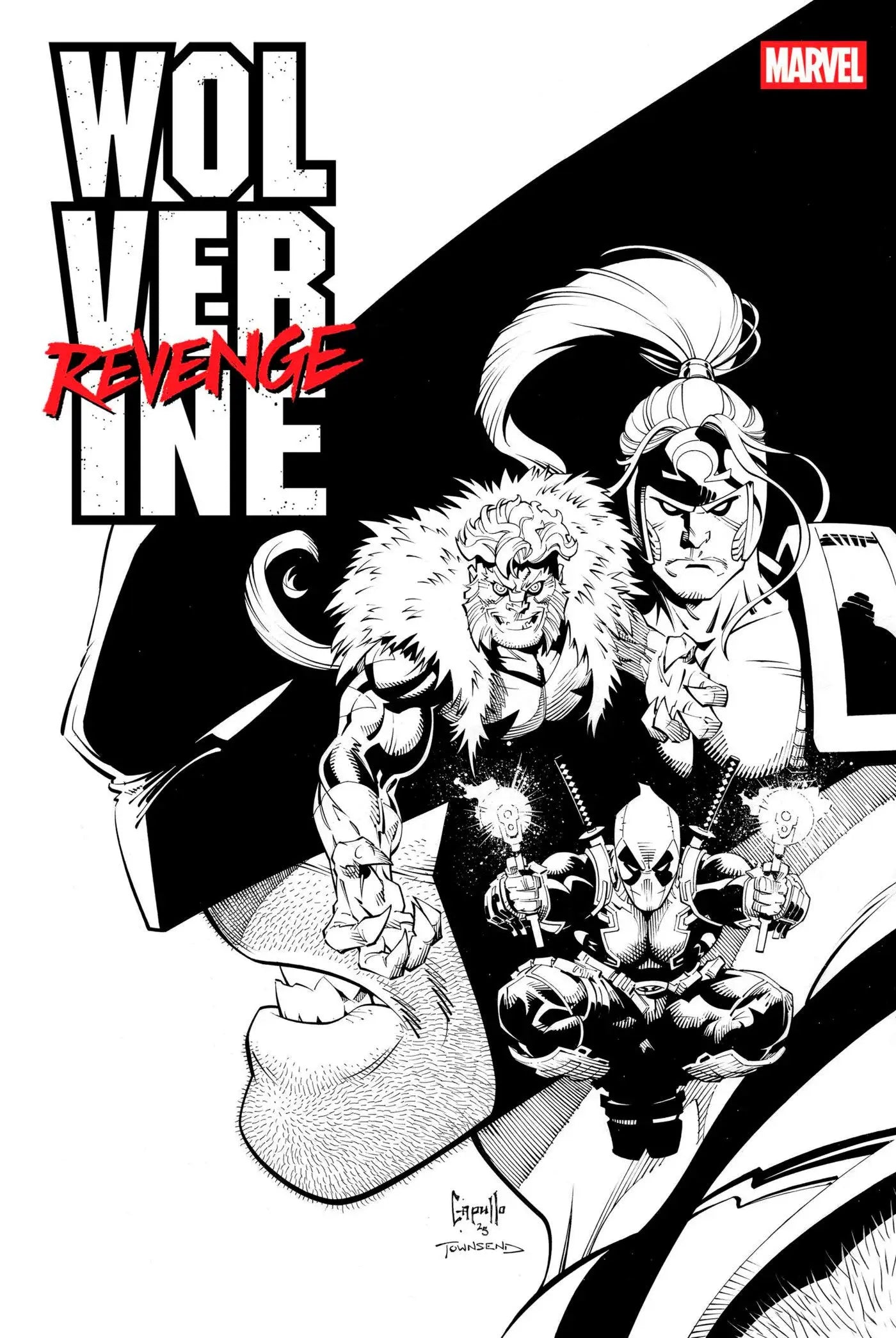 Black and white comic cover featuring Wolverine Revenge Red, Kraven the Hunter, Deadpool