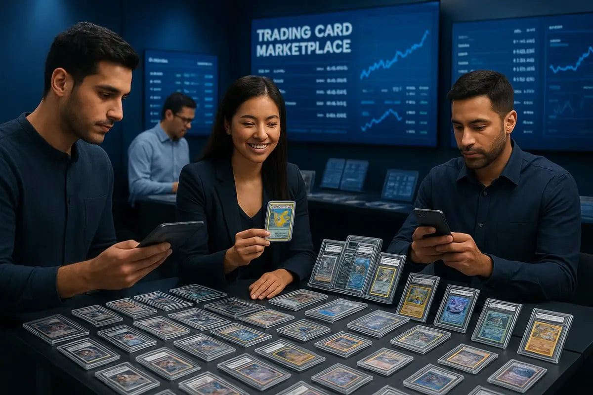 Woman in blazer holds vibrant trading card in marketplace display