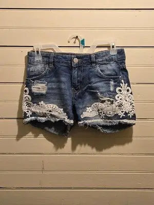 Womens Denim Shorts Blue White Lace Applique Distressed Frayed Hem M Summer - Apparel