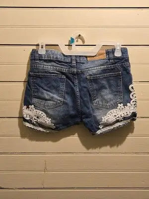 Womens Denim Shorts Blue White Lace Applique Distressed Frayed Hem M Summer - Apparel