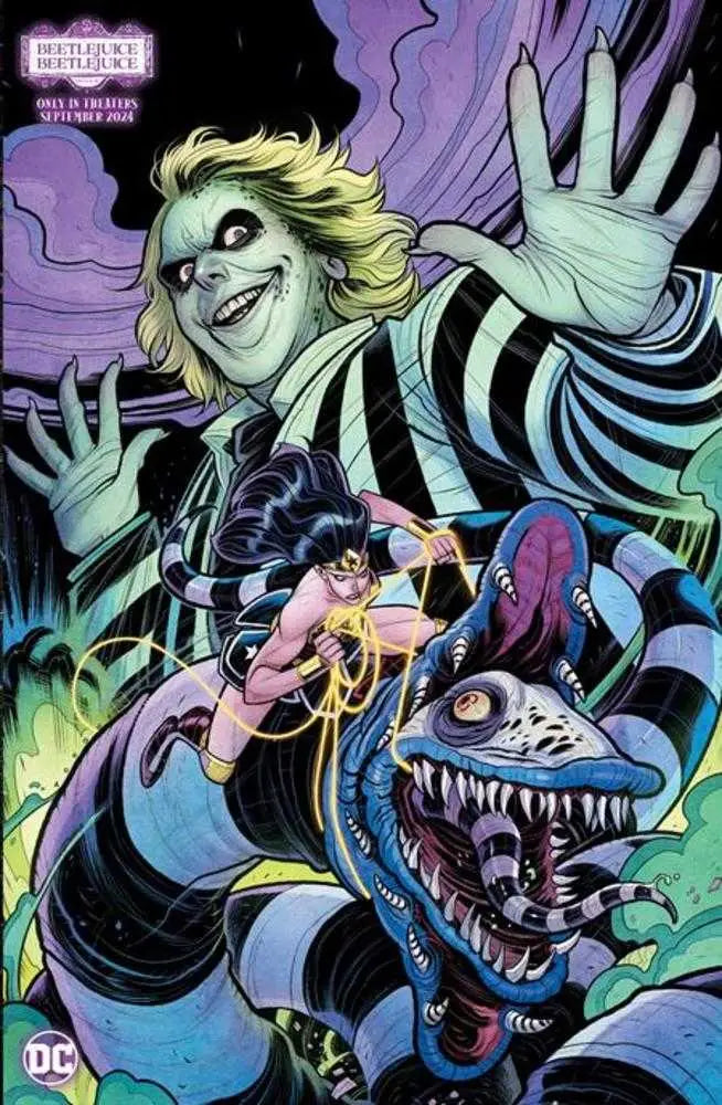 Comic book cover artwork of Beetlejuice in a striped suit for Absolute Power trading cards