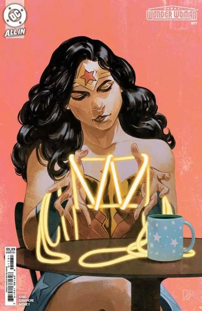 Comic book cover art of Wonder Woman #17 with relaxed figure and coffee mug, ideal for trading cards