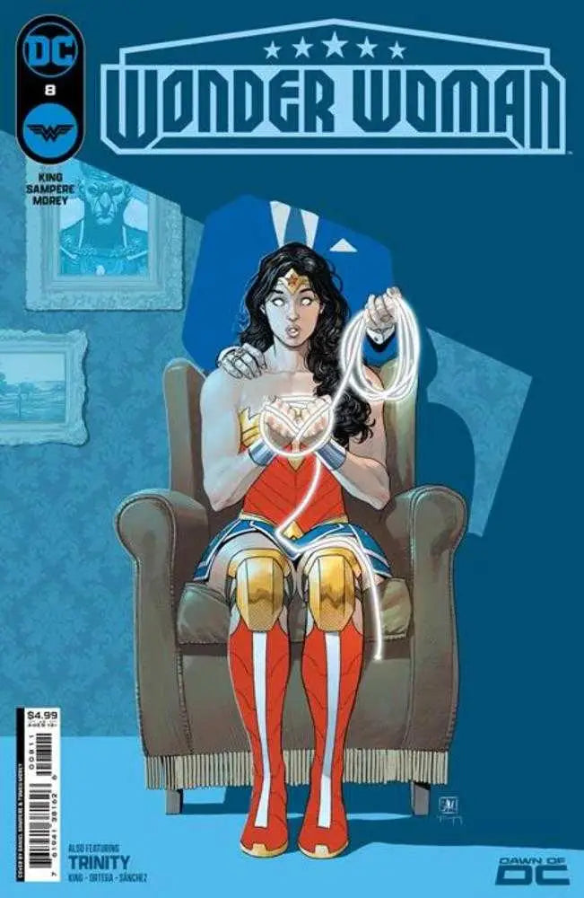 Wonder Woman comic cover featuring Wonder Woman in a chair with glowing lasso by Daniel Sampere and Belen Ortega