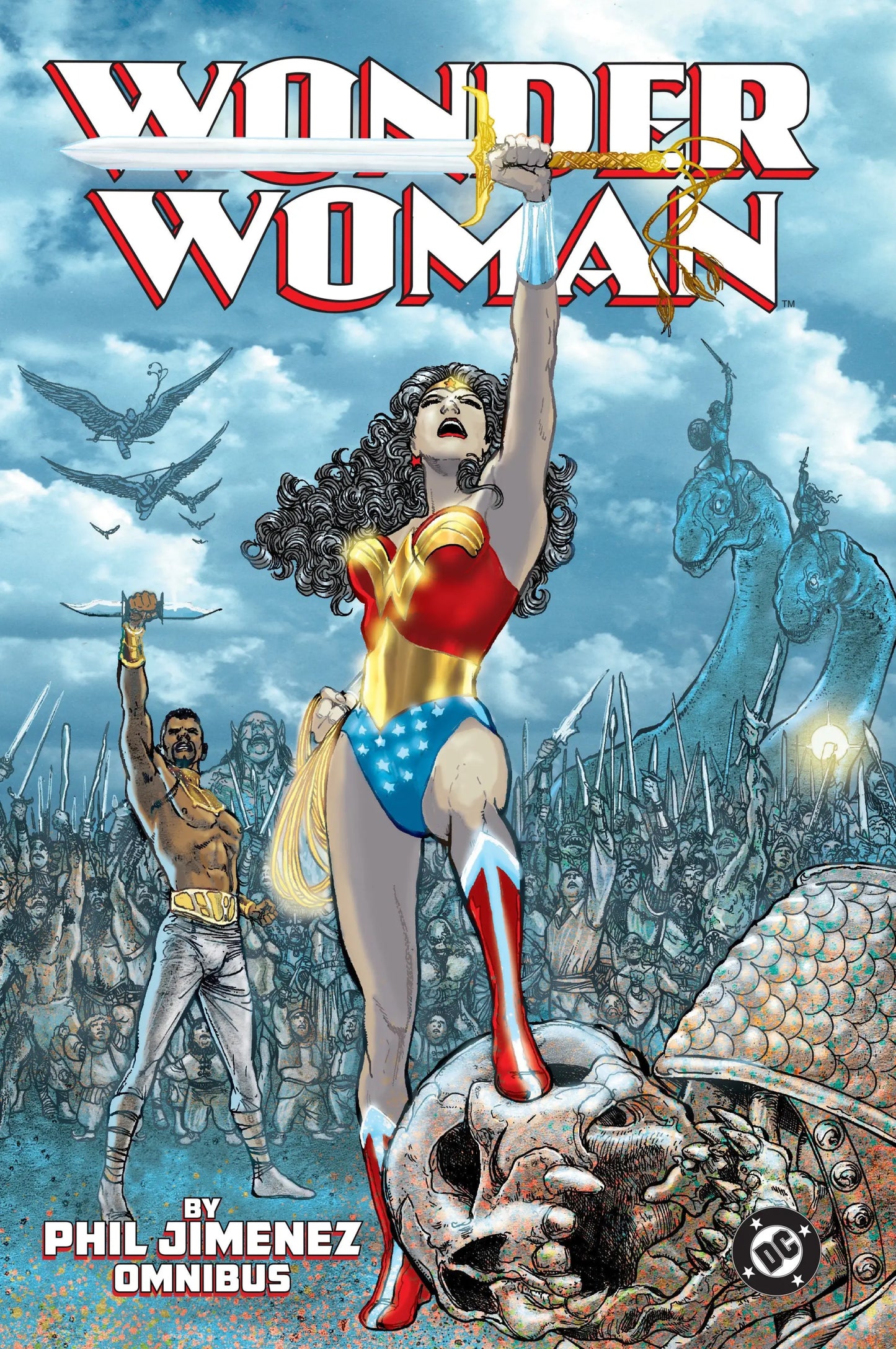 Comic book cover featuring Wonder Woman with sword standing over skull for Phil Jimenez Omnibus