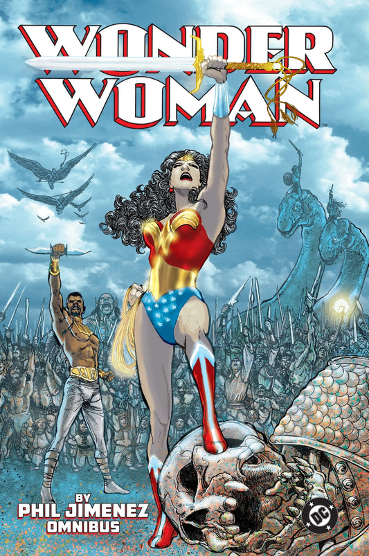 Comic book cover featuring Wonder Woman with sword standing over skull for Phil Jimenez Omnibus