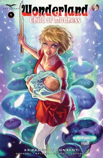 Comic book cover of Wonderland Child Of Madness #1 featuring a character in red dress