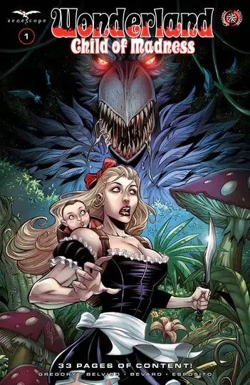 Comic book cover showcasing a terrified woman and monstrous creature in Wonderland Child Of Madness