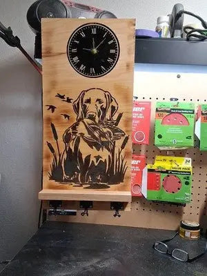 Wood Burned picture with clock and key holders or hats - Other