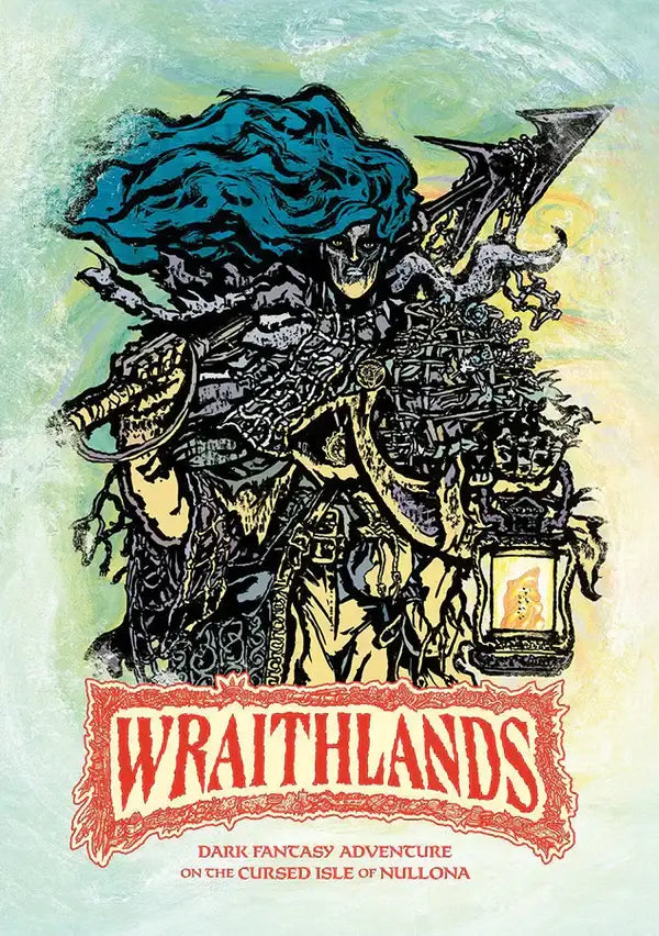 Fantasy adventure book cover for Wraithlands Dark Fantasy RPG Rulebook with Trading Cards