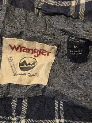 Wrangler Shirt Mens M Navy White Plaid Long Sleeve Button Up Cotton Classic - Apparel