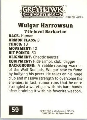 Wulgar Harrowsun - 1992 TSR Advanced Dungeons & Dragons - #59 - Non_sport - Non-Sports Card Single
