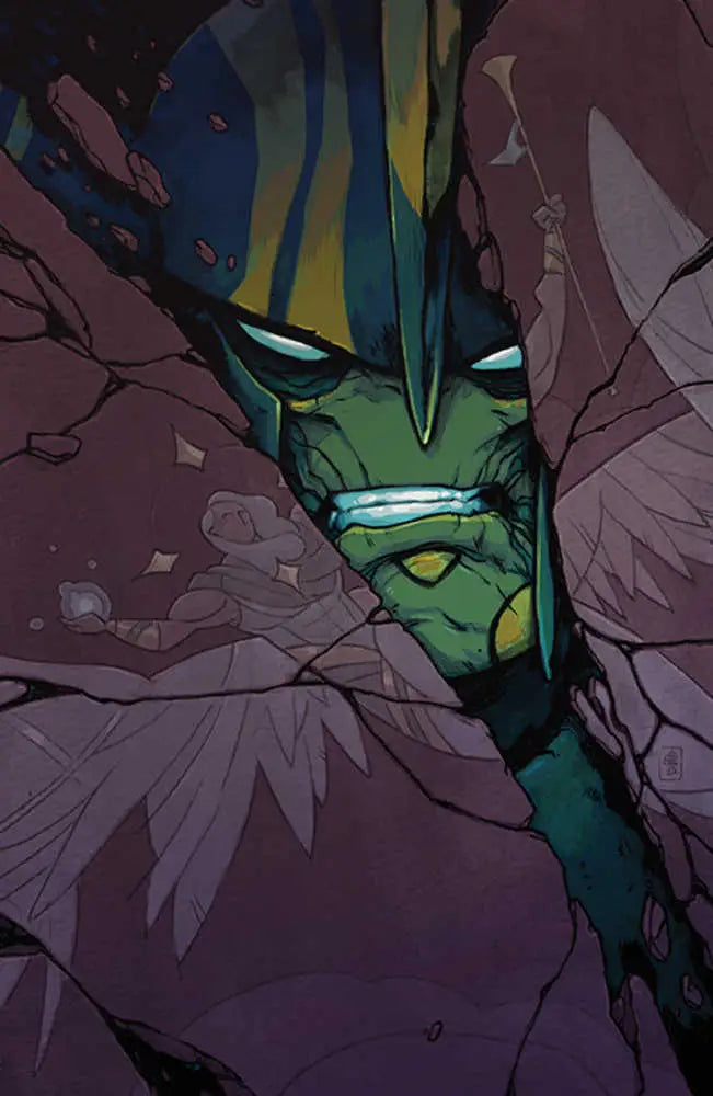Menacing green alien face with glowing eyes in Wynd The Throne In The Sky #2 trading card art