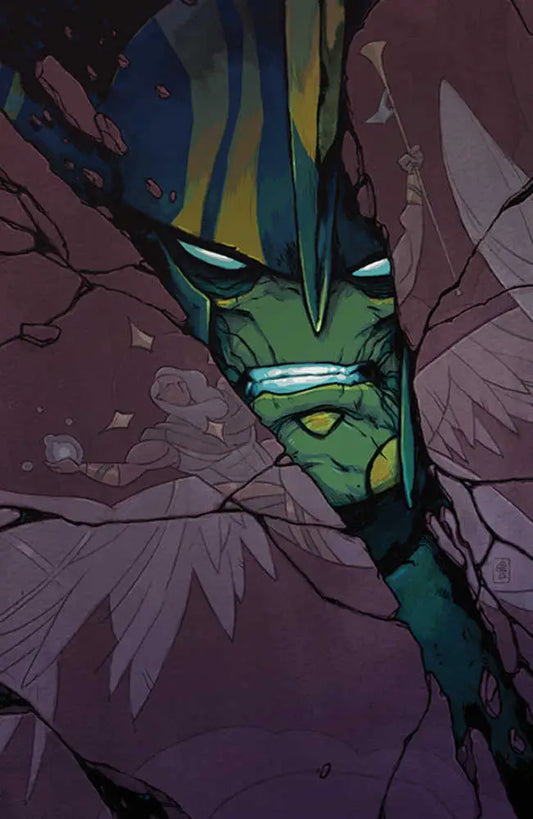 Menacing green alien face with glowing eyes in Wynd The Throne In The Sky #2 trading card art