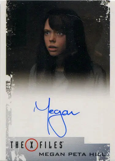Headshot of Megan Peta Hill with long dark hair for X-Files Autograph Card