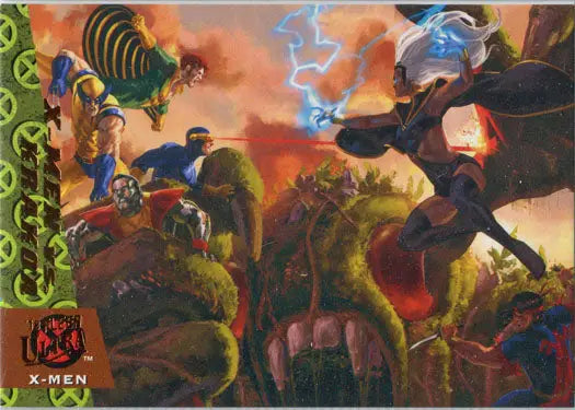 Colorful comic book-style illustration of superhero action for X-Men chase card