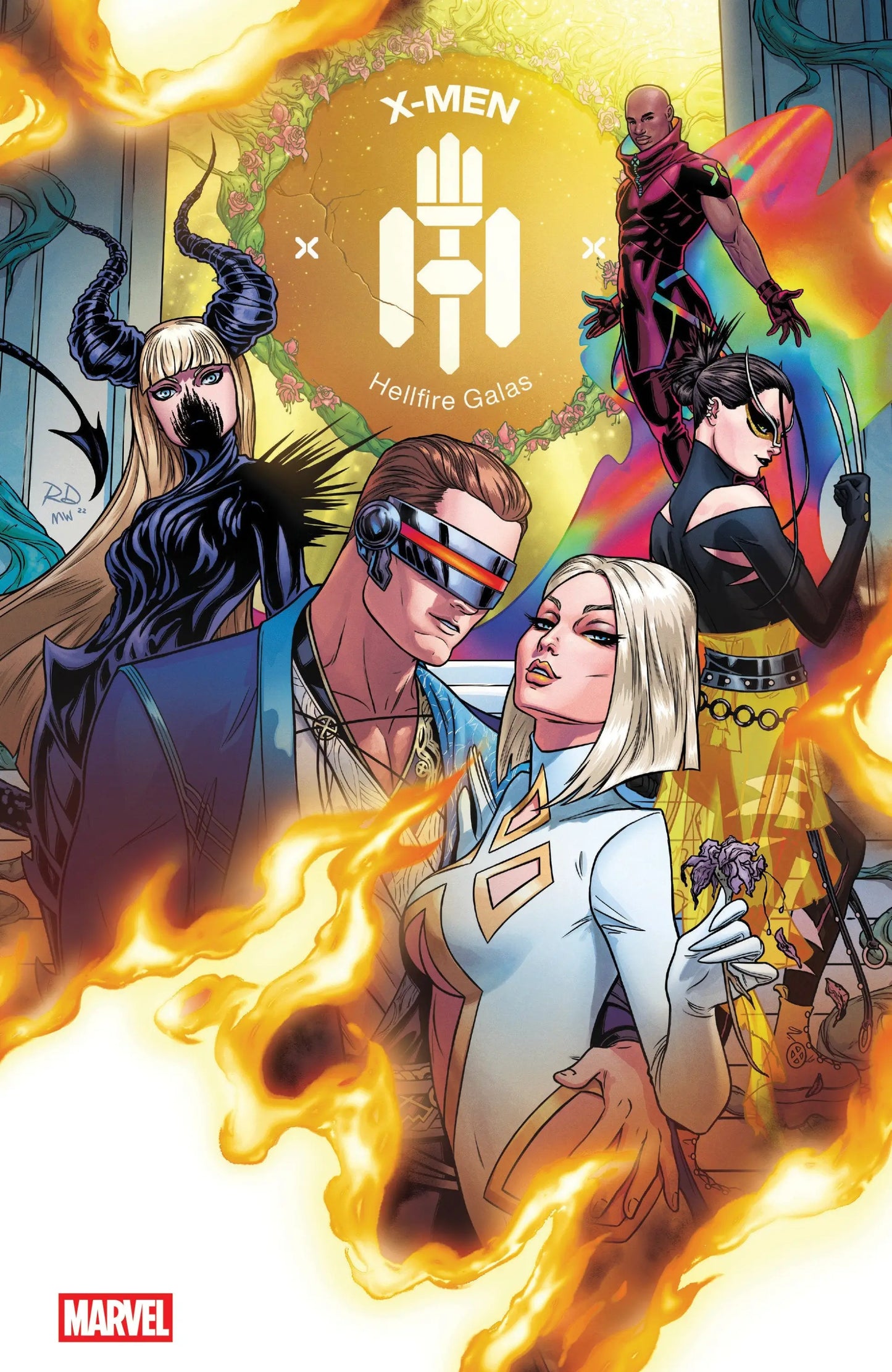 X-Men Hellfire Gala comic book cover featuring Cyclops, Emma Frost, Magik, Wolverine amid flames