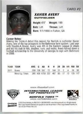 Xavier Avery - 2012 Choice International League Top Prospects - #2 - AUTO - Baseball Card Single