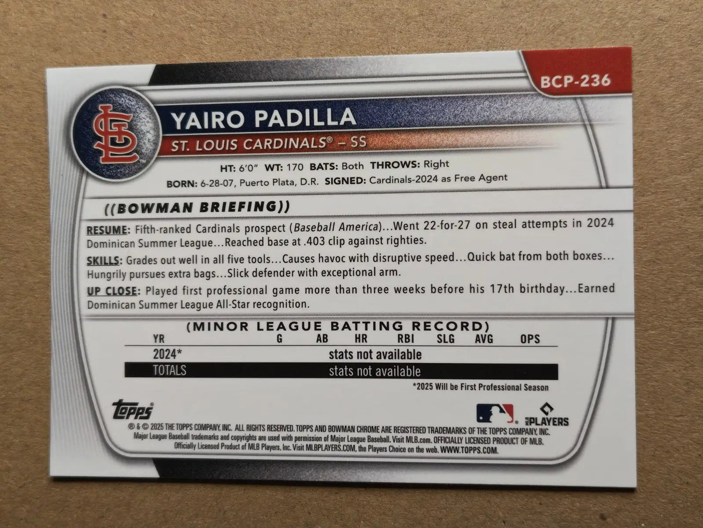 Yairo Padilla 2025 Bowman Chrome 1st Pink Mojo Refractor /199 #BCP-236 St. Louis - Baseball Card Single