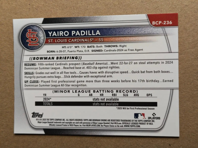 Yairo Padilla 2025 Bowman Chrome 1st Pink Mojo Refractor /199 #BCP-236 St. Louis - Baseball Card Single