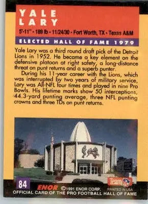 Yale Lary - 1991 Enor Pro Football HOF - #84 - Football - Football Card Single