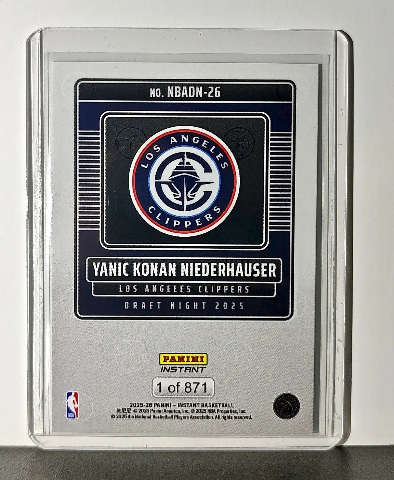 Yanic Konan Niederhauser Rookie 2025-26 Panini NBA #26 Draft Night LA Clippers - Basketball Card Single