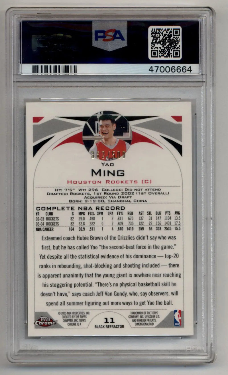 Yao Ming 2004-05 Topps Chrome Black Refractor #11 362/500 PSA 10 Gem Mint - Basketball Card Single