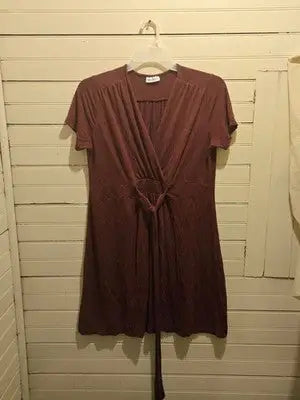 Yessica Dress Womens XL Burgundy Wrap Front Short Sleeve Tie Waist Knit Casual - Apparel