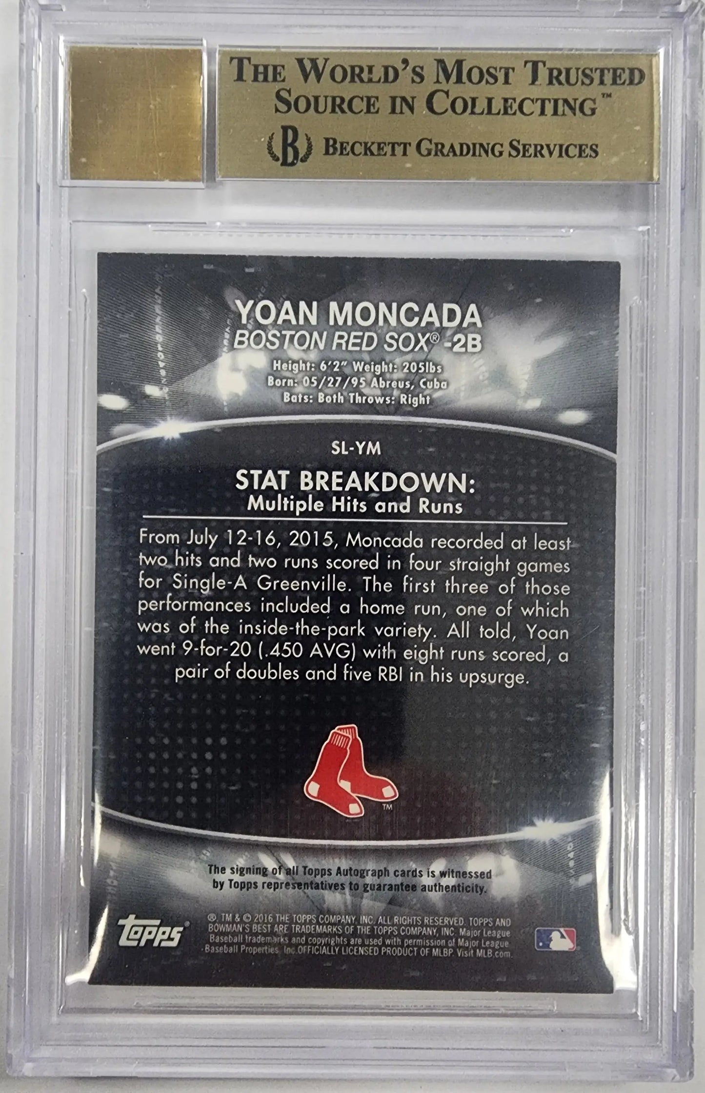 BGS-graded Yoan Moncada 2016 Bowmans Best Stat Lines Superfractor Auto card back